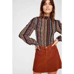 Free People Donatella Turtleneck Small Tie Sleeve Black Gold Red Floral‎ Paisley
